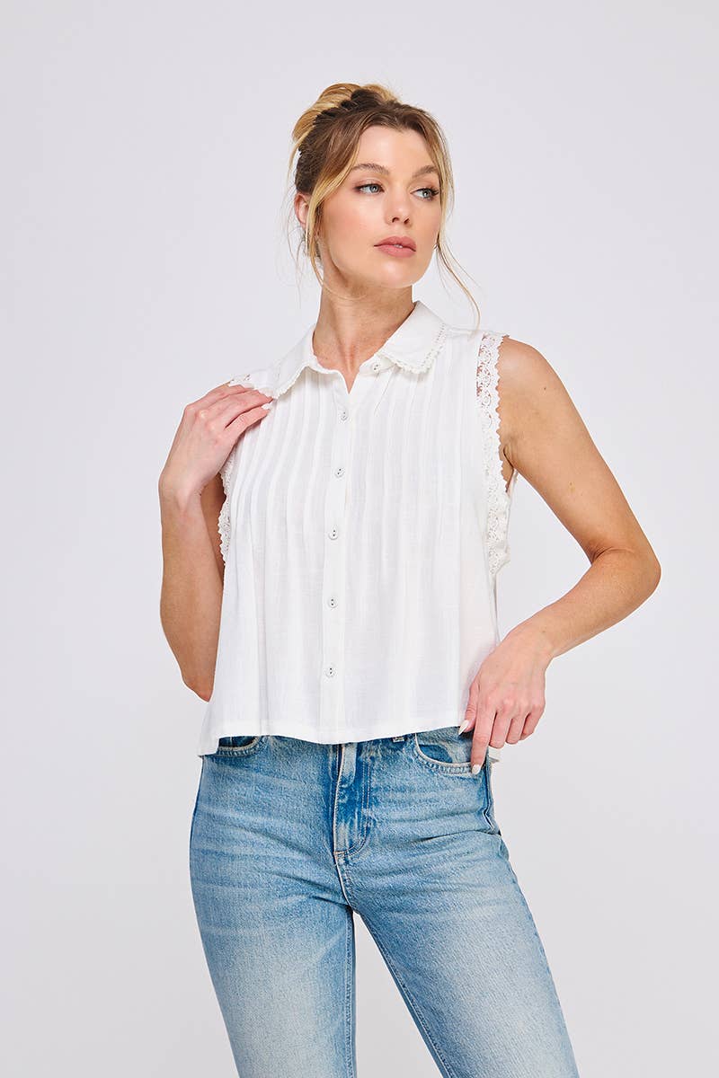 Soft Linen Pintuck Sleeveless Collared Shirt : Natural