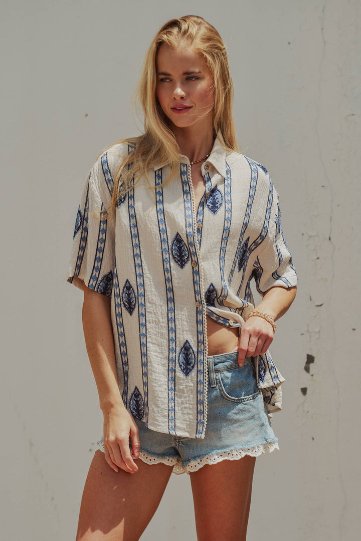 Boho Embroidered Linen Blend Resort Shirt: CREAM BLUE