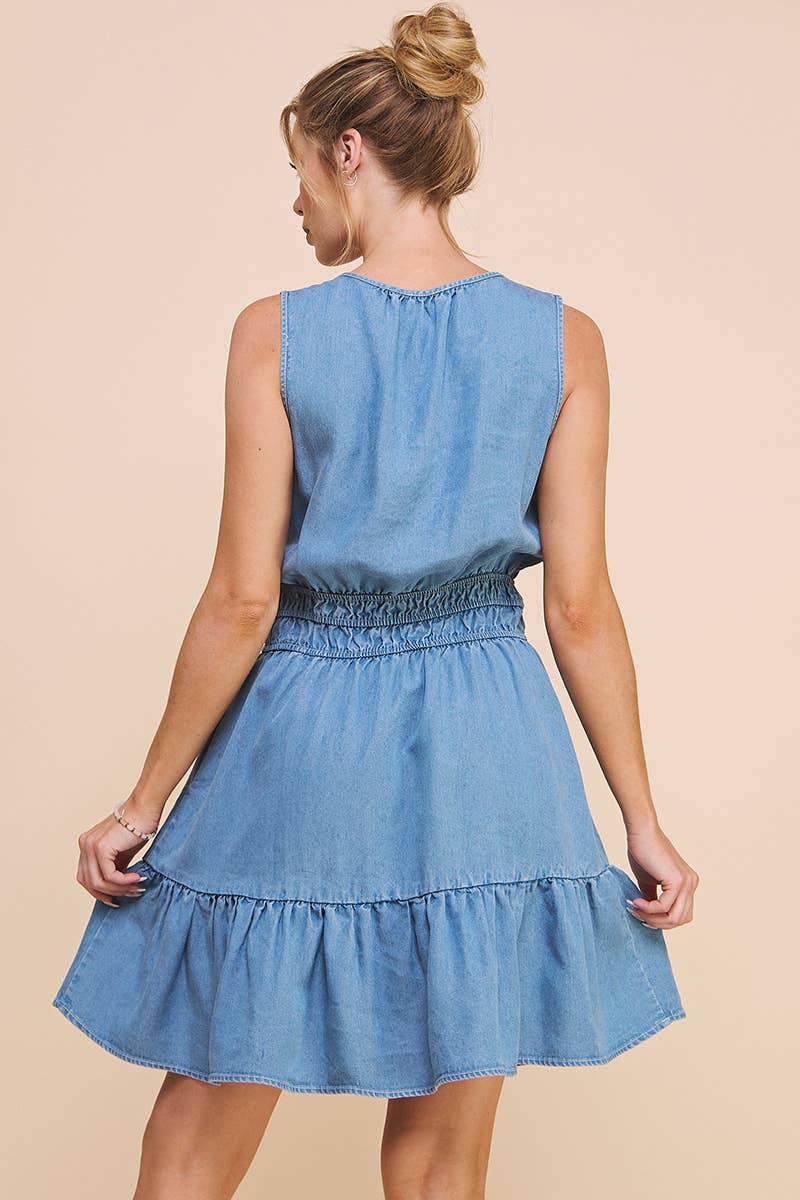 Washed Chambray Peplum Dress: Medium Wash