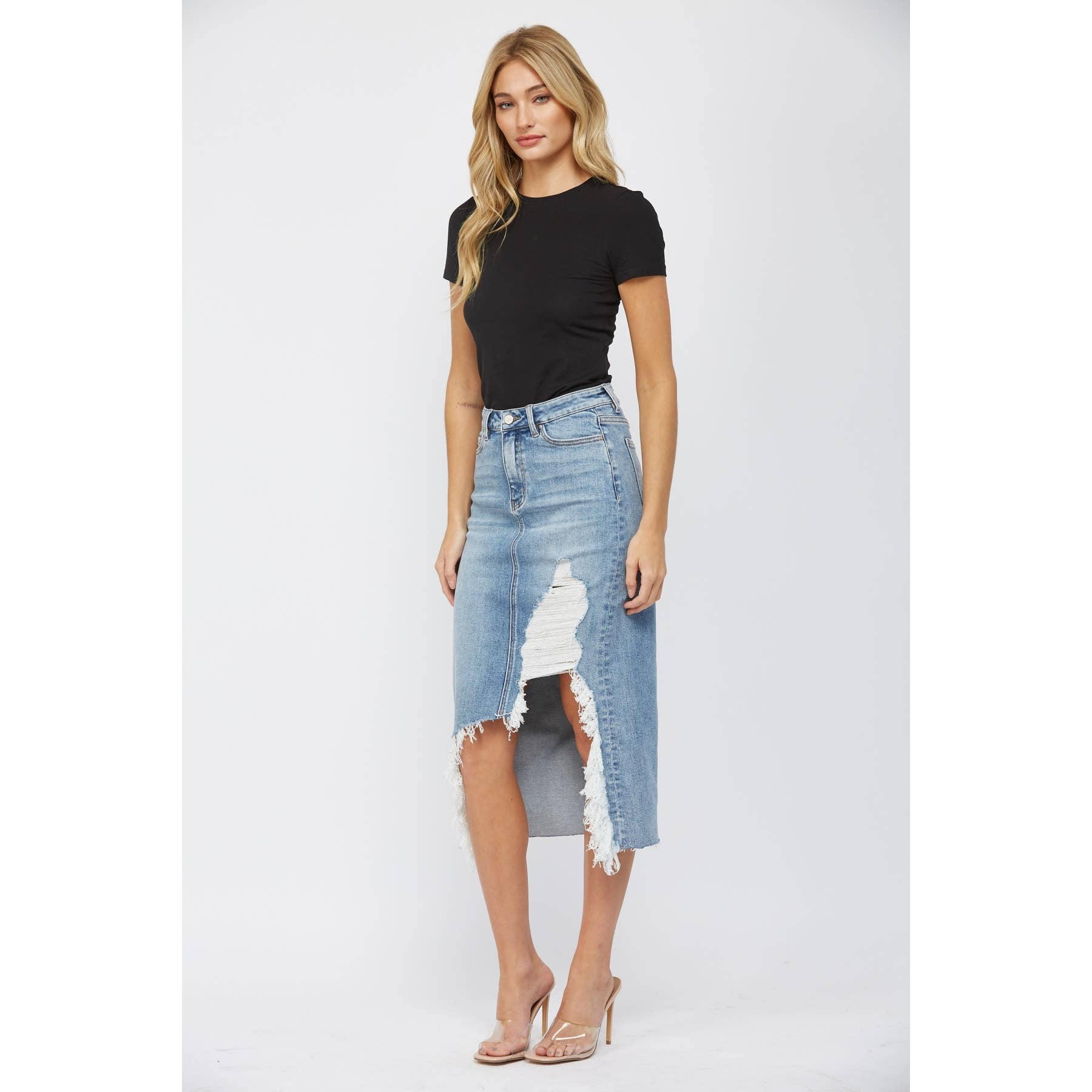 High Wasted Distressed Midi Skirt: Wild Blue
