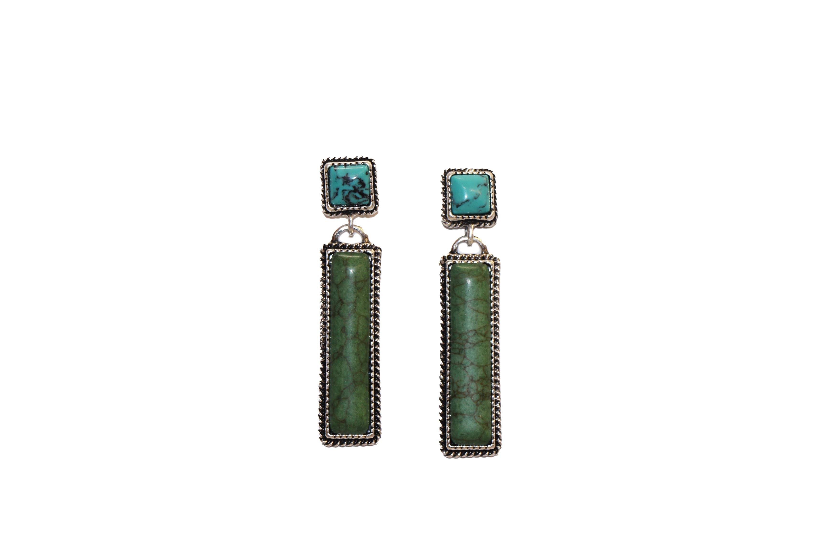 2" Green Bar Earring On Turquoise Square Post