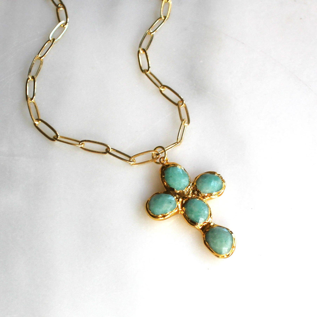 Amazonite Cross Medallion Necklace: 16 inch