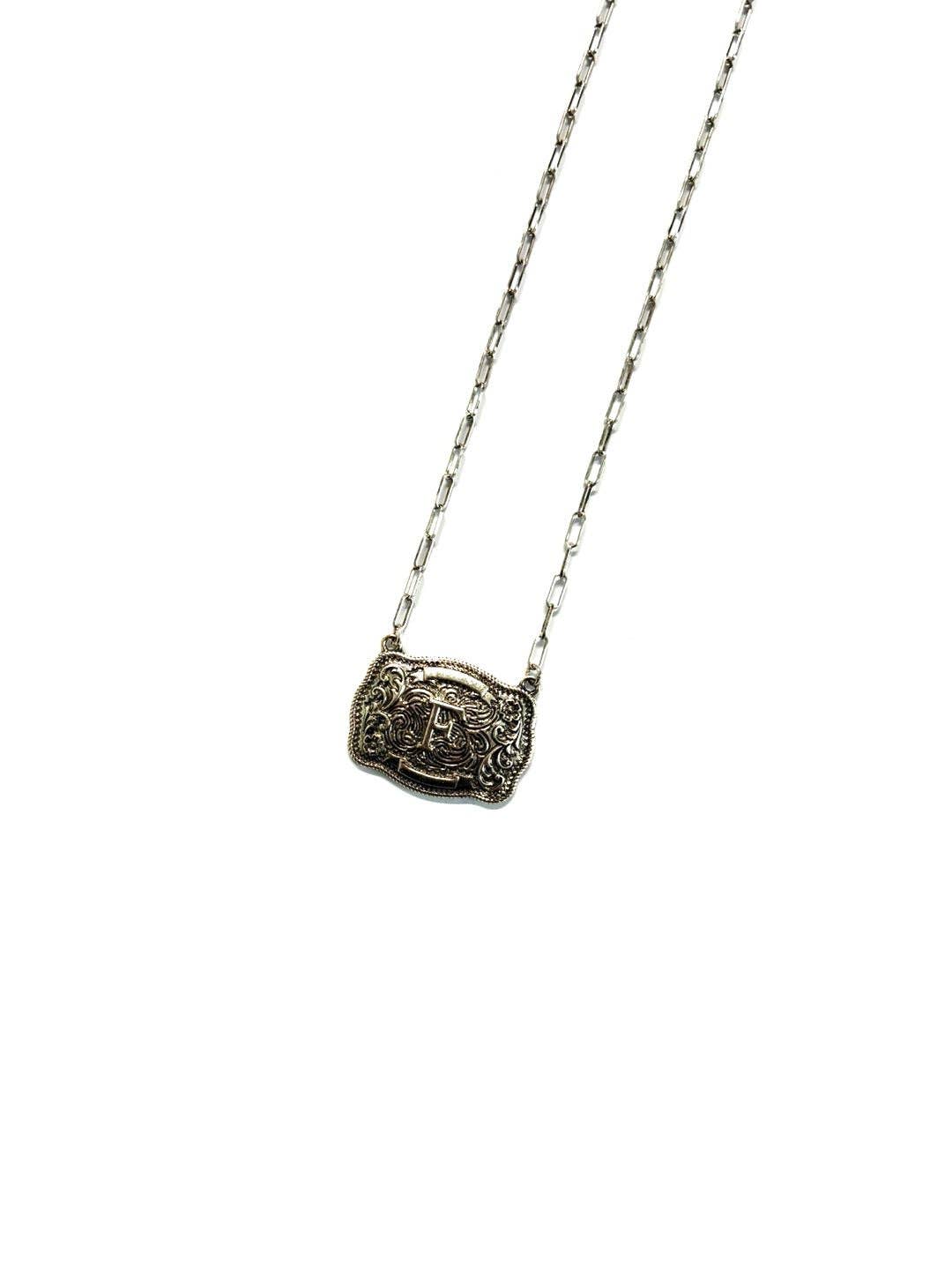 Western Belt Buckle Initial Necklace: R