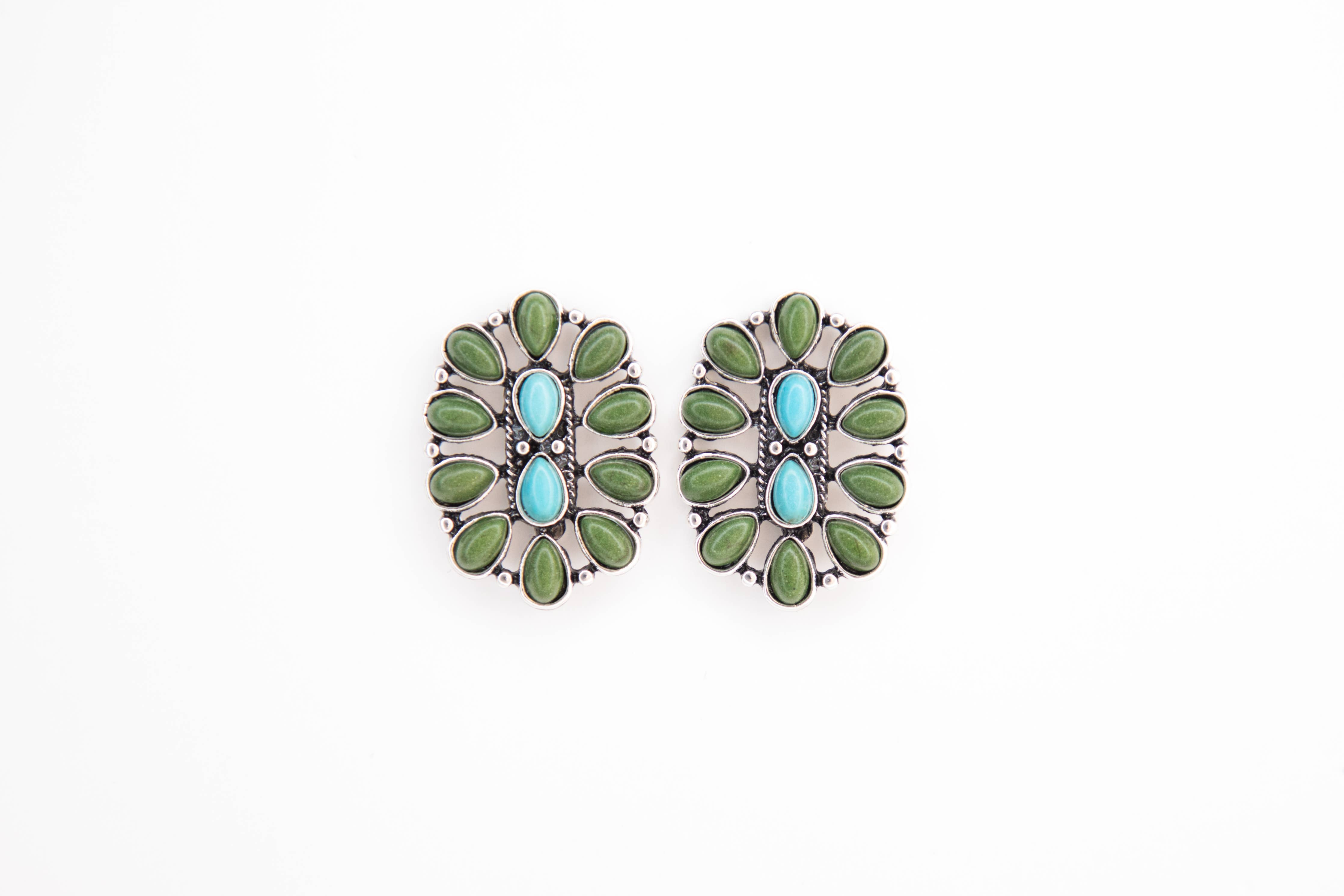 1.25" Turquoise and Green Oval Cluster Post Earring