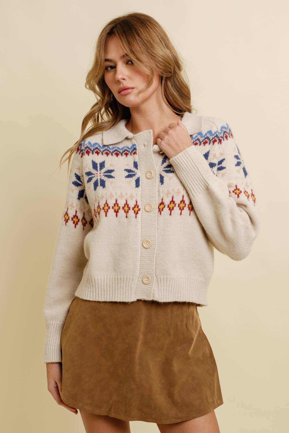 SNOWFLAKE BUTTON UP SWEATER