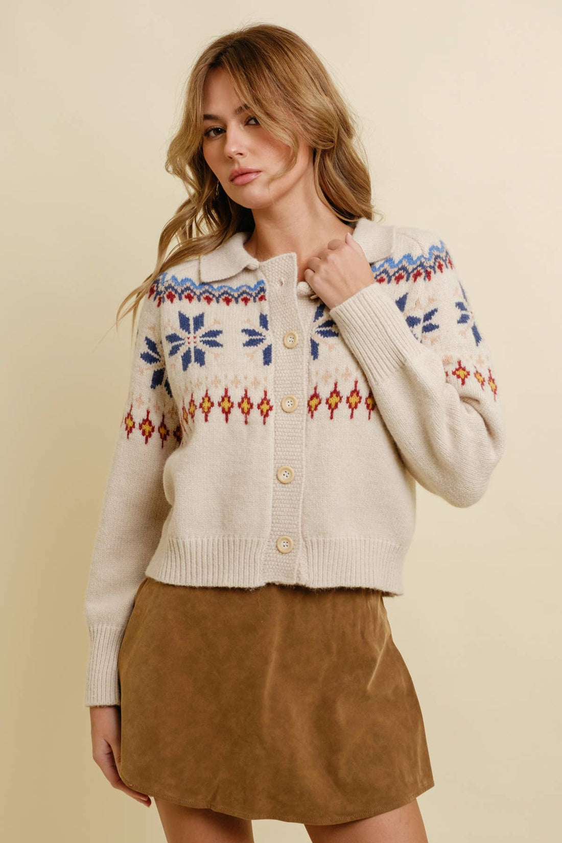 SNOWFLAKE BUTTON UP SWEATER