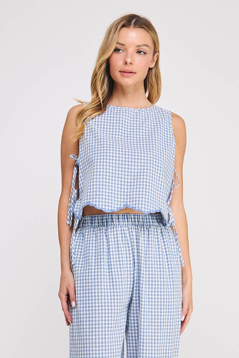 Woven Gingham Tank with Scallop Edges and Side Ties: Blue