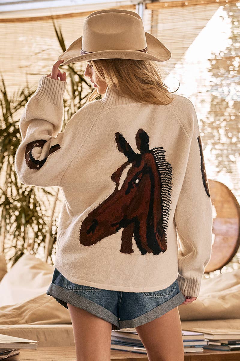 Western Horse Intarsia Cardigan: IVORY MULTI