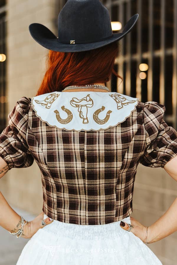 Brown Plaid Puff Sleeve Blouse W Collar