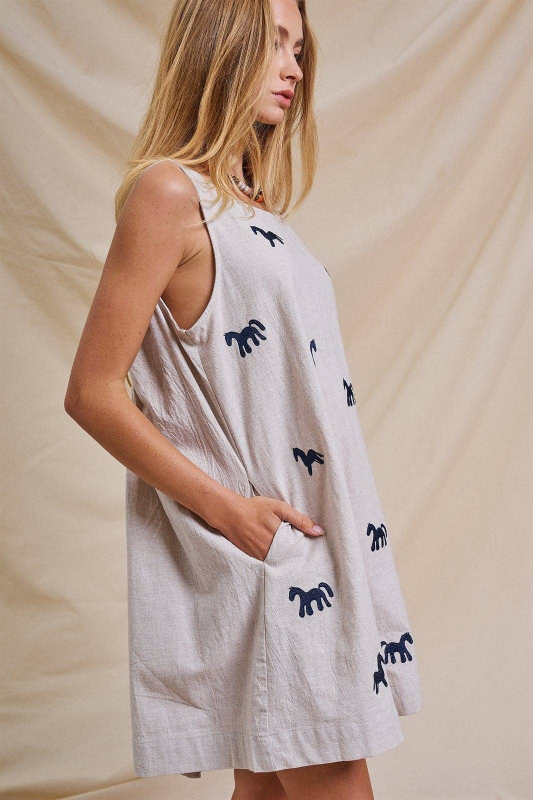 Embroidered Pony Cotton Linen Sleeveless Romper Linen