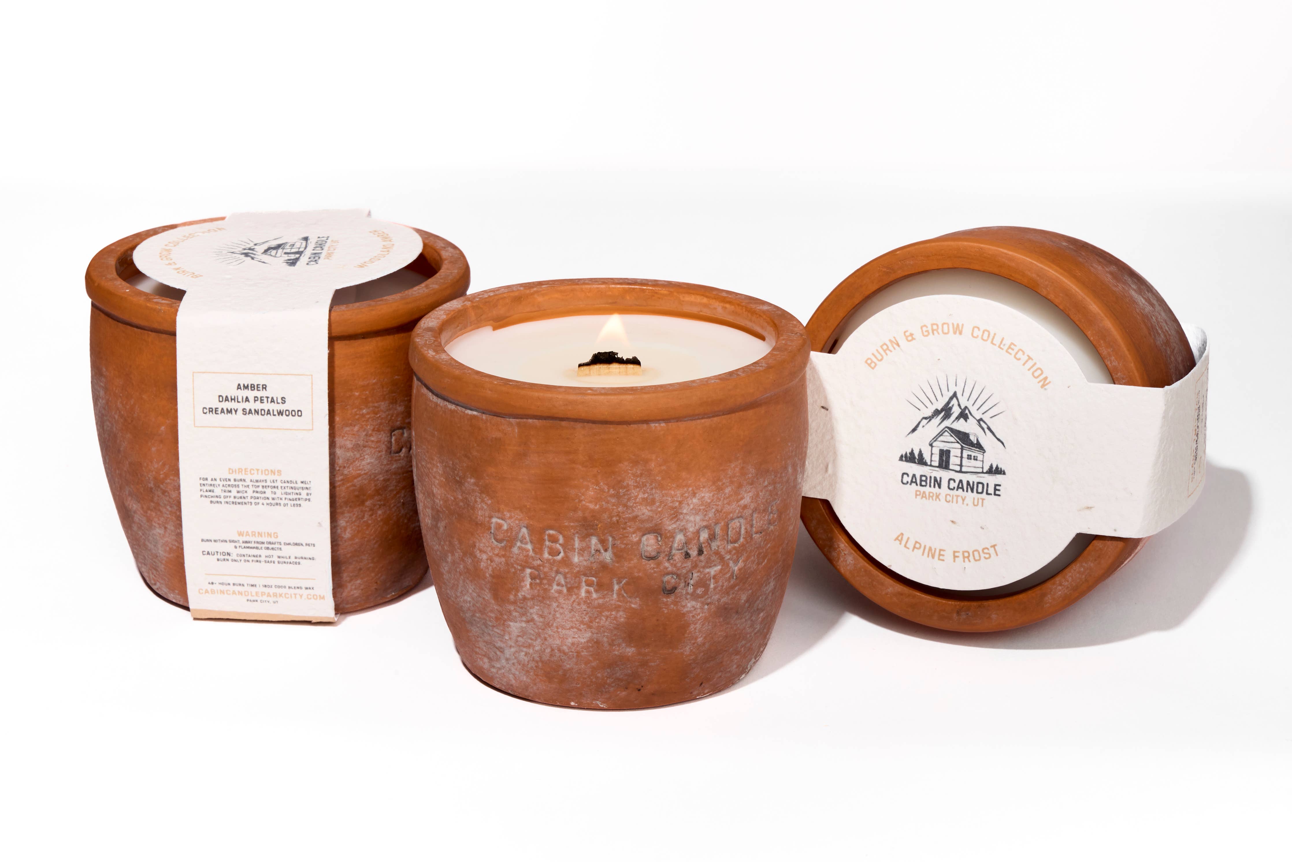 12 oz Plant Pot Scented Candle, Terra cotta pot, Seed Label: Flourish