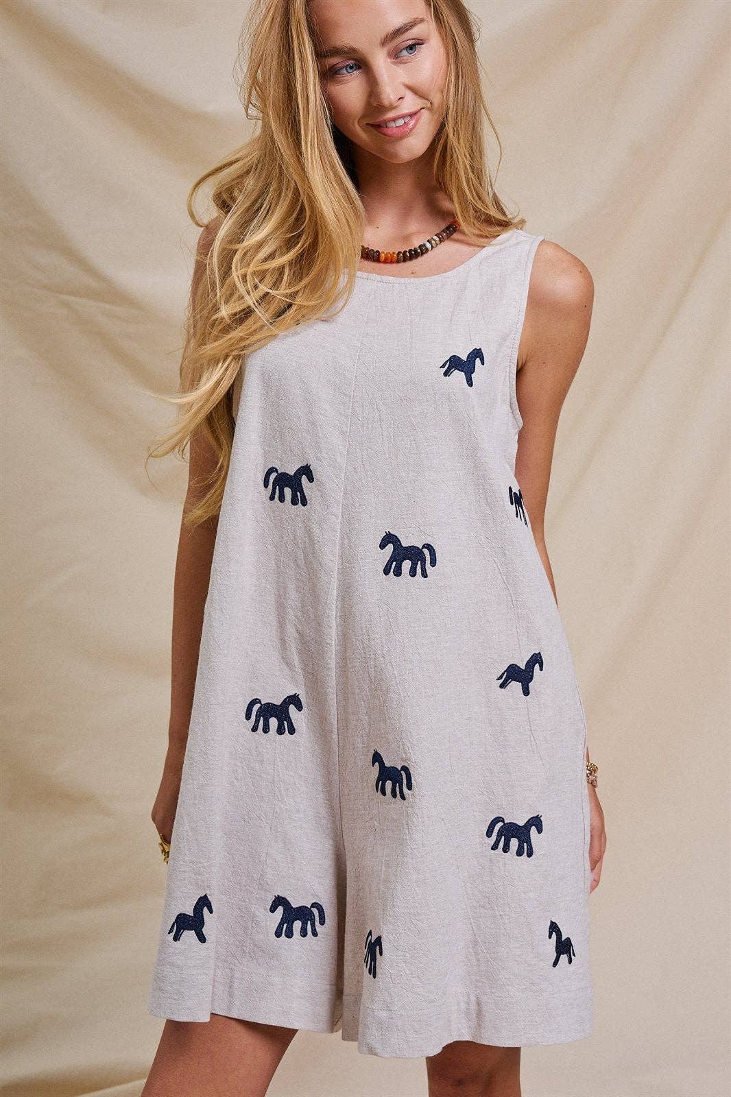 Embroidered Pony Cotton Linen Sleeveless Romper Linen