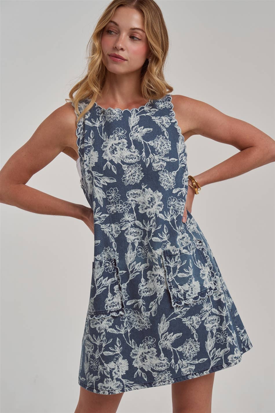 Sleeveless Denim Mini Dress with Scalloped Embroidery Detail