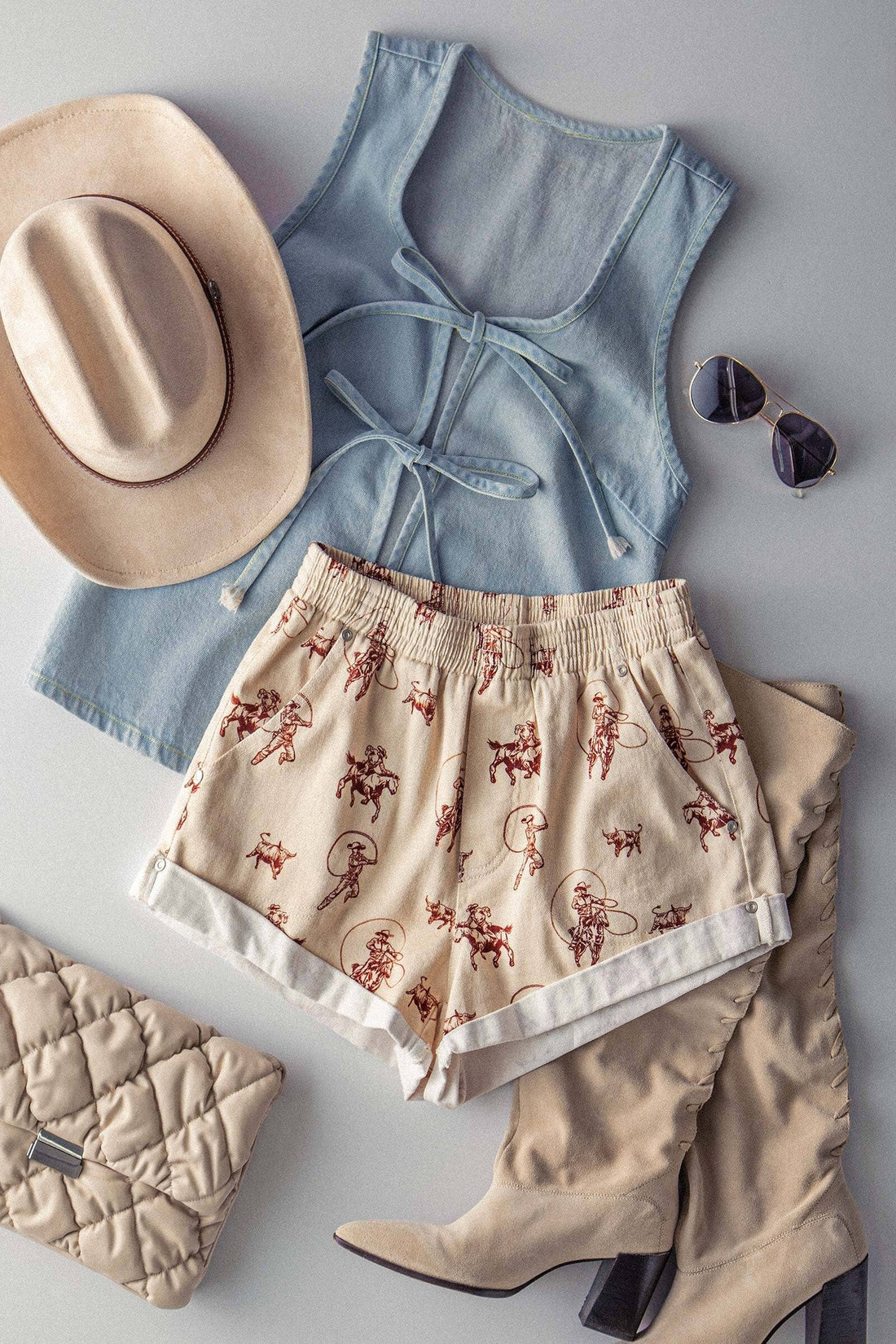Western Rodeo Ready Roundup Elastic Waistband Shorts: IVORY