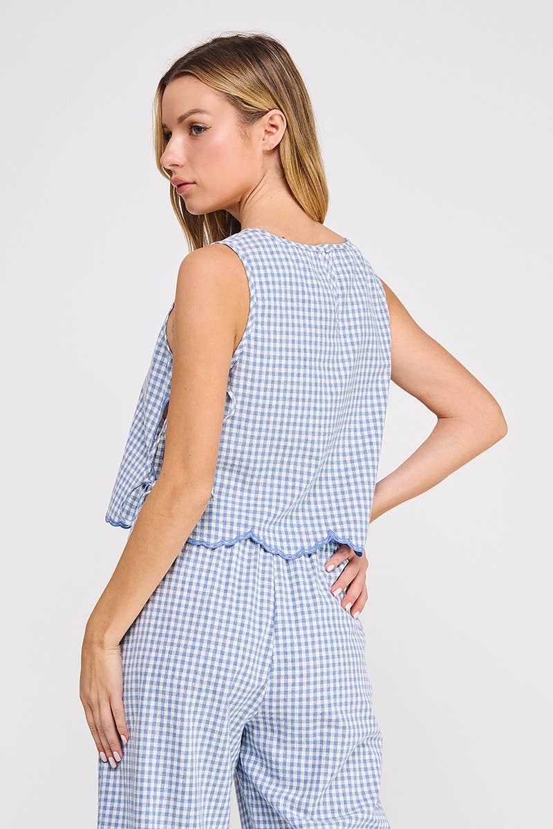 Woven Gingham Tank with Scallop Edges and Side Ties: Blue