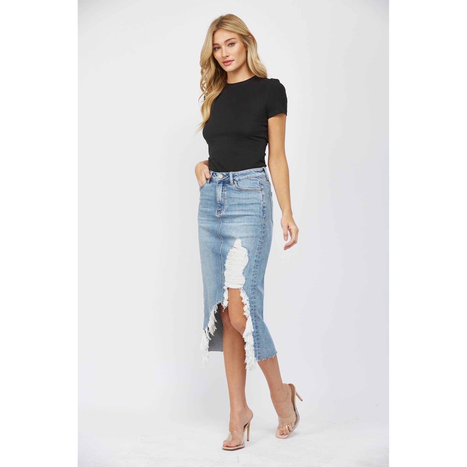 High Wasted Distressed Midi Skirt: Wild Blue