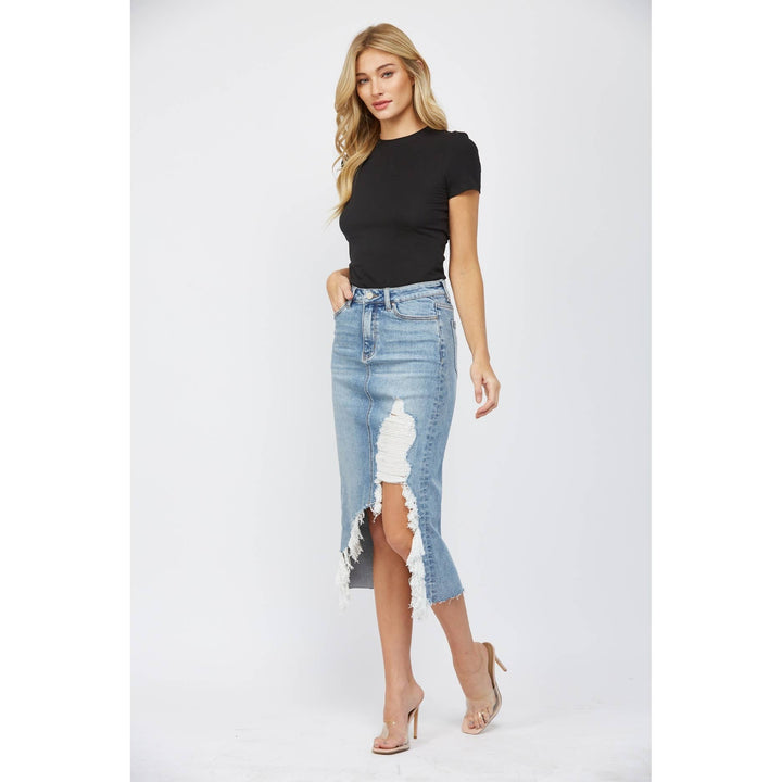 High Wasted Distressed Midi Skirt: Wild Blue