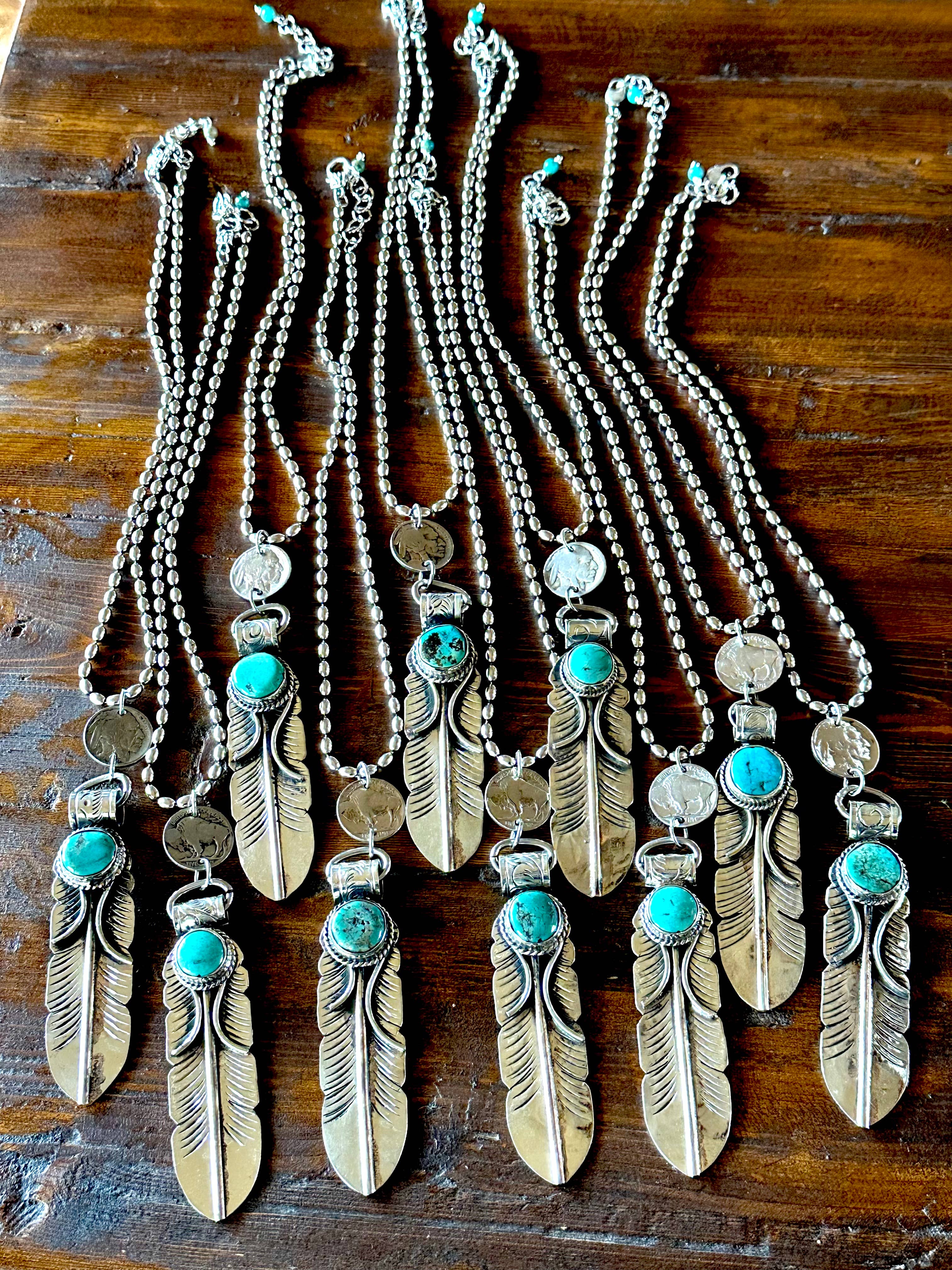 Feather Necklace, Silver Feather, Turquoise, Buffalo Nickel