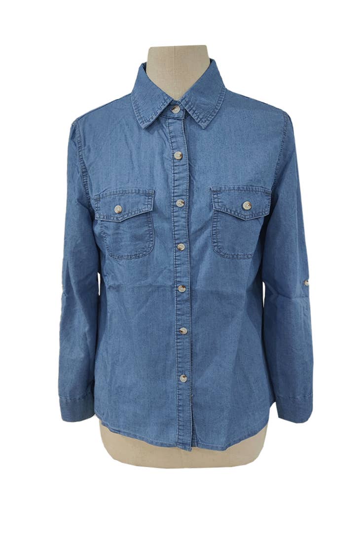 Lapel Single-Breasted Long-Sleeved Denim Shirt: DarkBlue