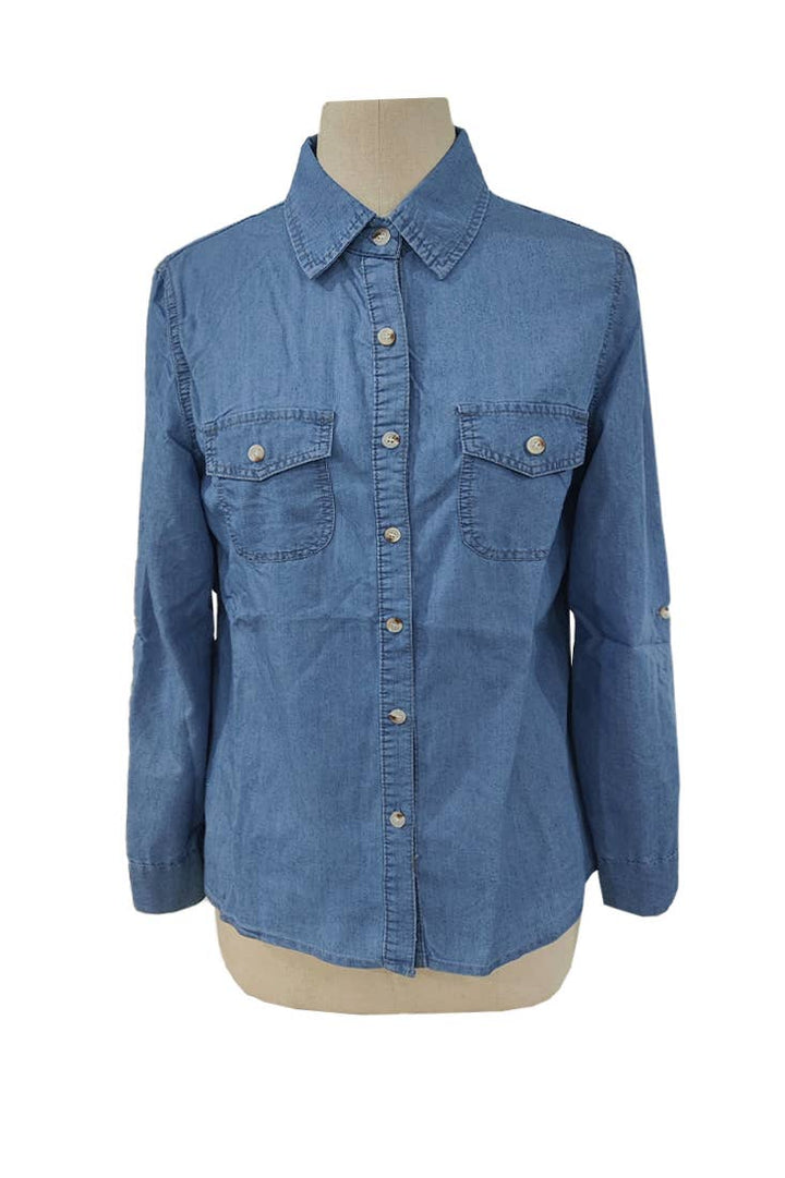 Lapel Single-Breasted Long-Sleeved Denim Shirt: DarkBlue