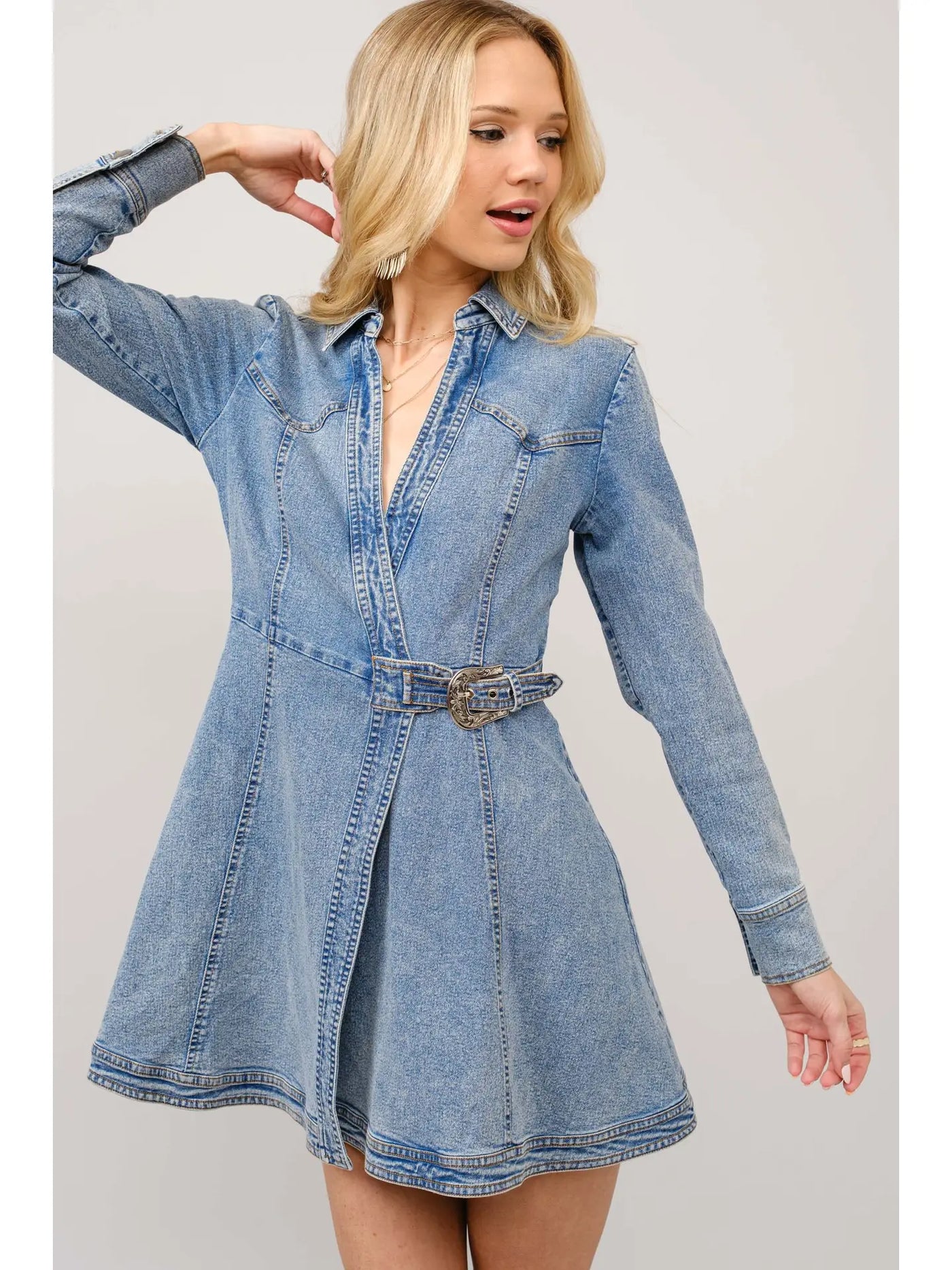 Western Buckle Wrap Denim Mini Dress – La Ceiba Ranch