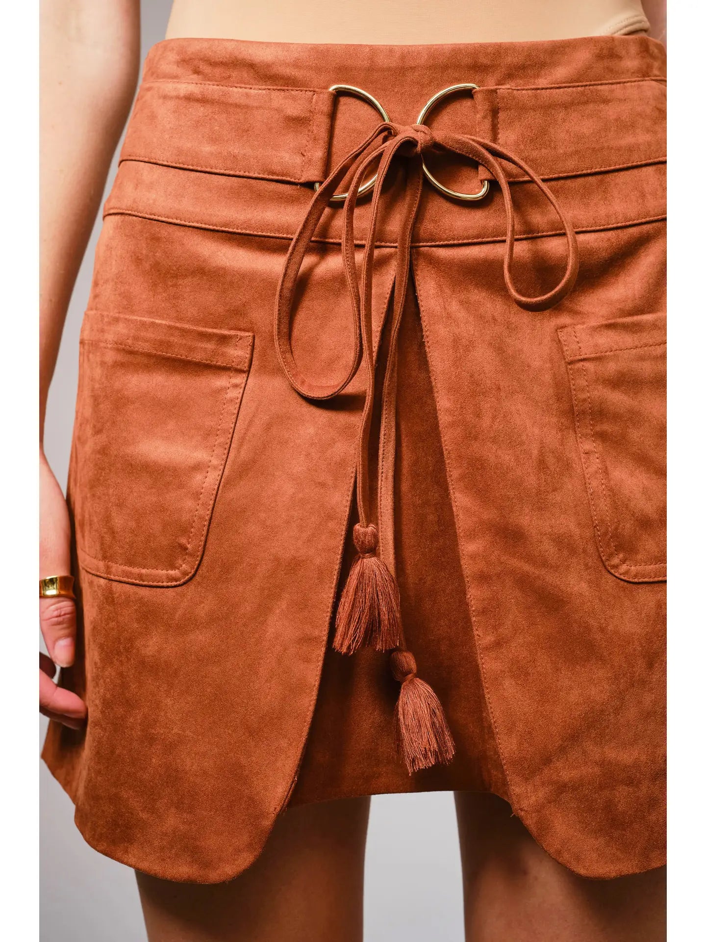 Suede D Ring Tassel Tie Mini Skirt