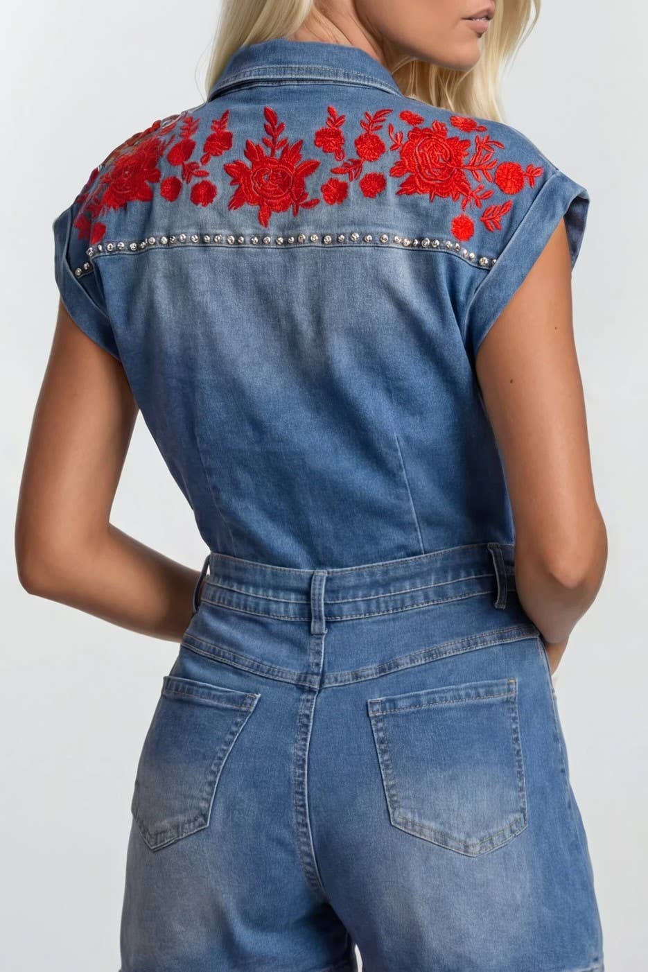 Embroidered Belted Denim Romper: Mid Denim/Red