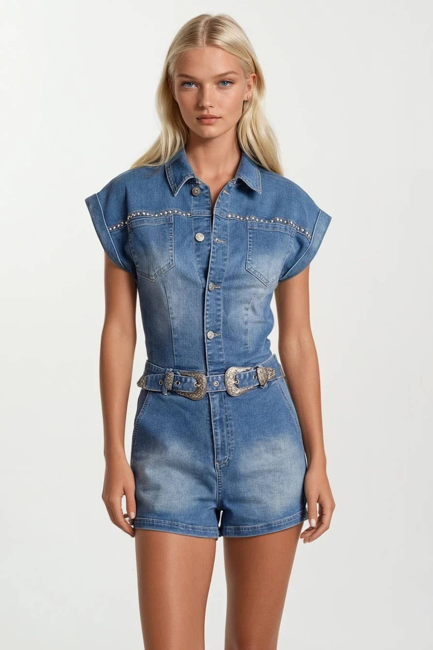 Embroidered Belted Denim Romper: Mid Denim/Red