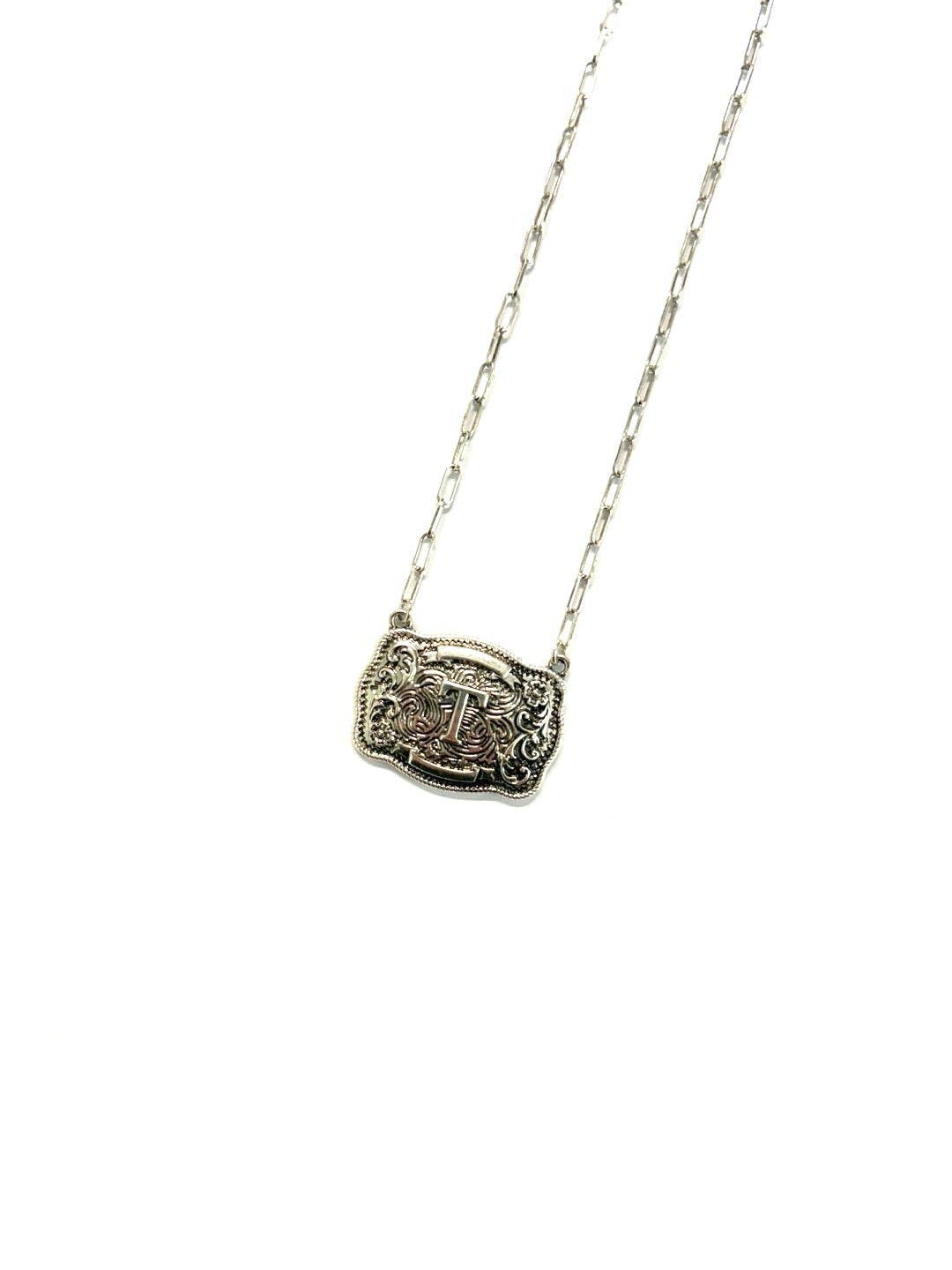 Western Belt Buckle Initial Necklace: M