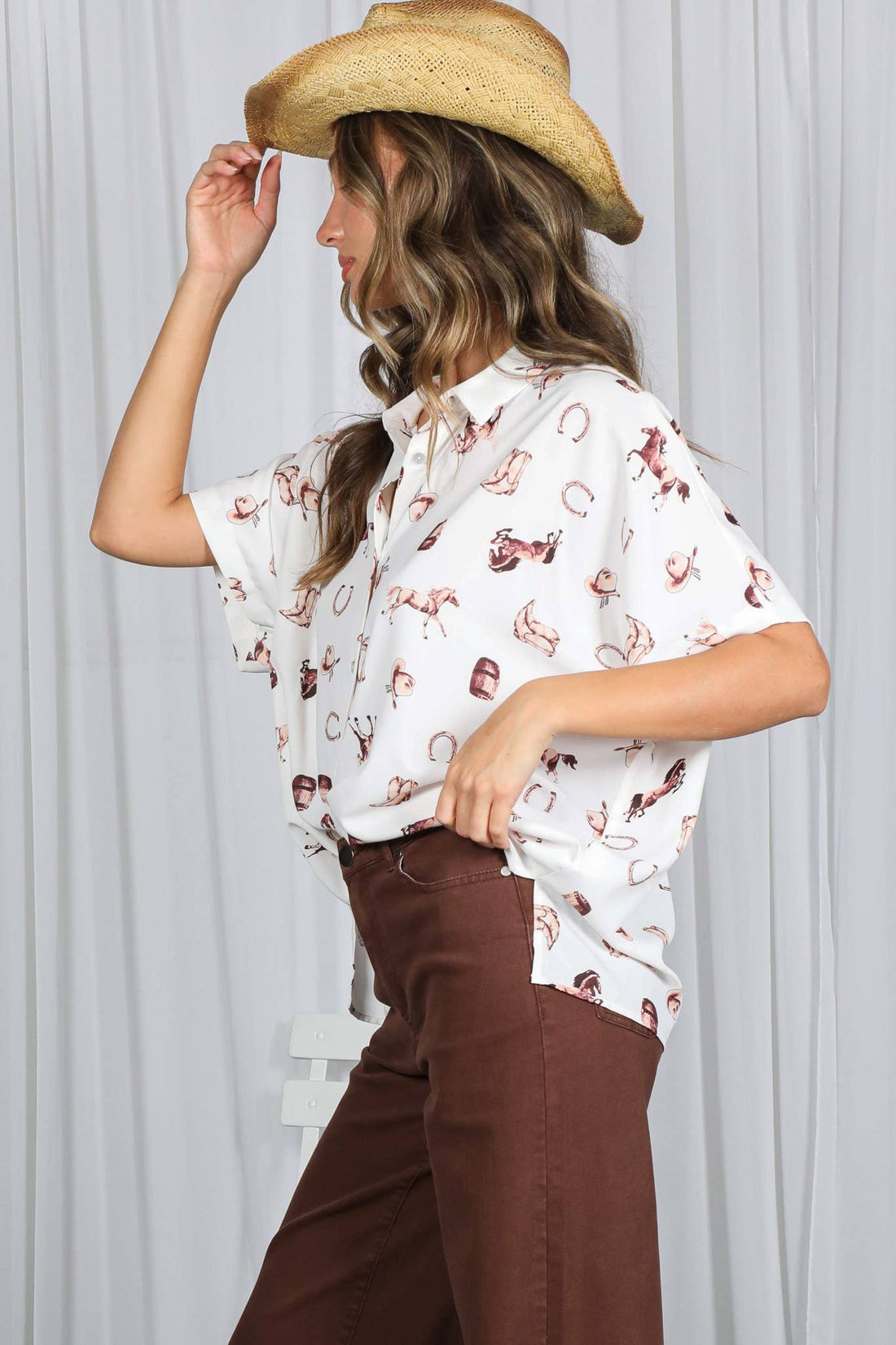 Western-Inspired Collared Button Front Shirt Top Cream/Brown