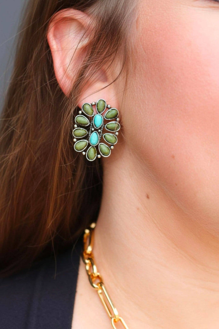 1.25" Turquoise and Green Oval Cluster Post Earring