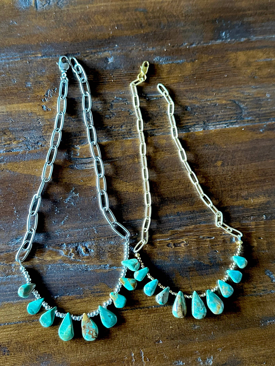 Natural turquoise Briolette Paperclip Chain Necklace/Choker: Silver