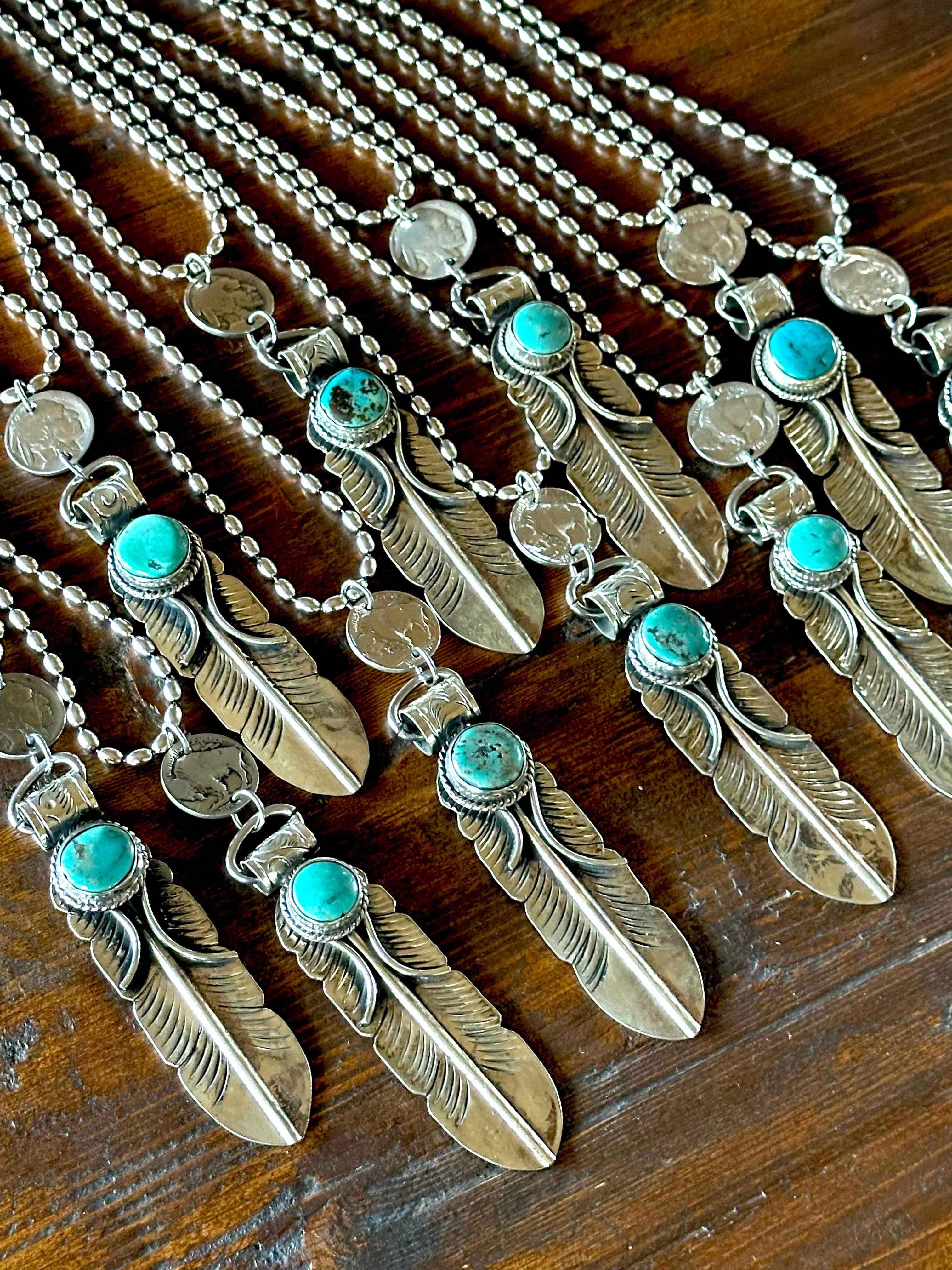 Feather Necklace, Silver Feather, Turquoise, Buffalo Nickel