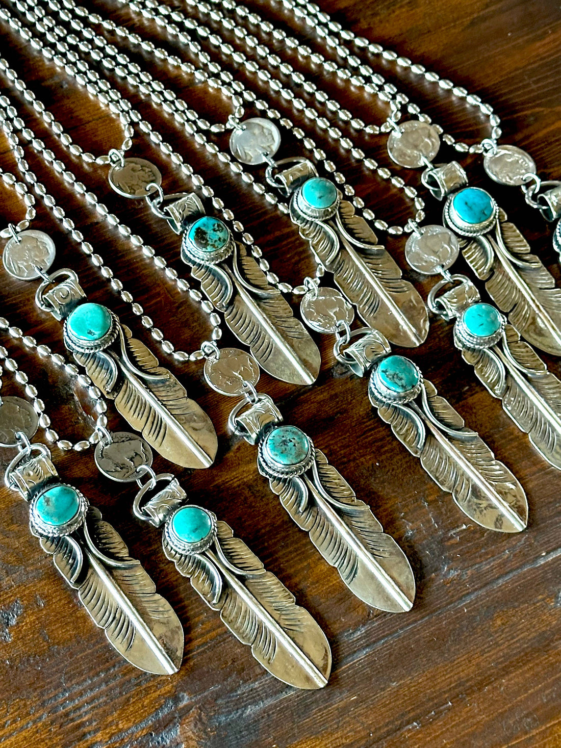 Feather Necklace, Silver Feather, Turquoise, Buffalo Nickel