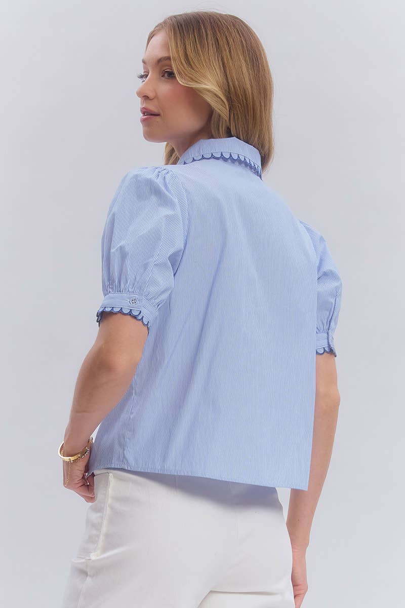 Pin Stripe Blouse Top With Scallop Edge Stitching Detail